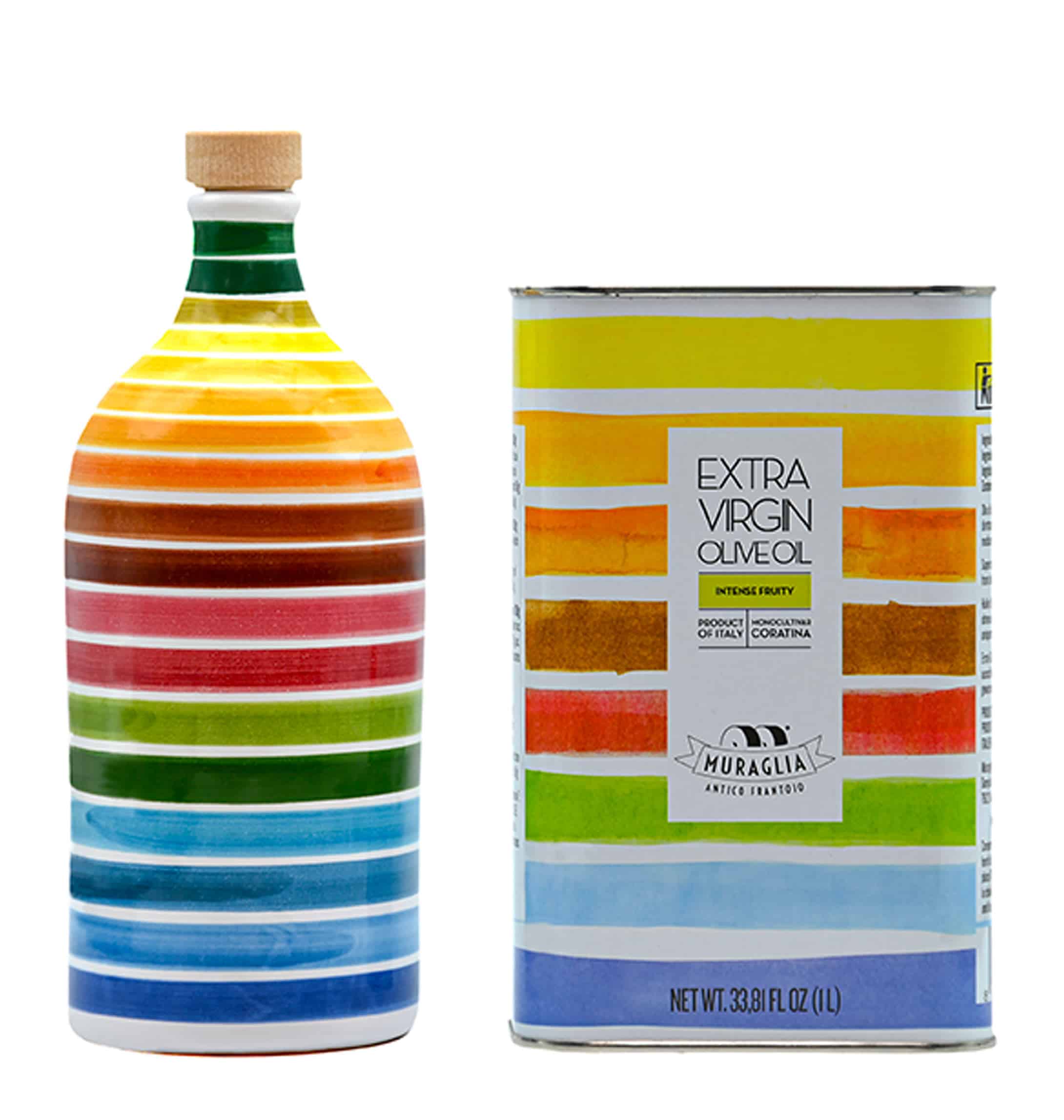 in Regenbogenfarben - Muraglia Ölkanister Ölflasche und mit Frantoio Set